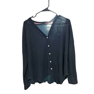 Tommy Hilfiger Waffle Knit Button‎ Down Cardigan Navy Blue Long Sleeve Womens  L